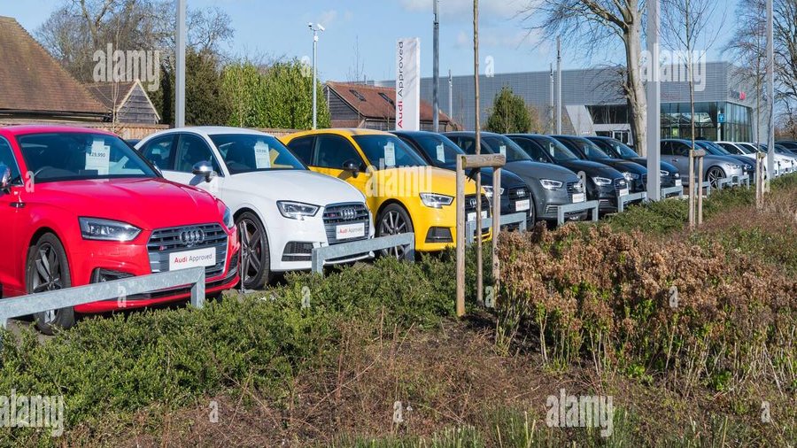 UK car dealership forecourt with cars for sale on finance
