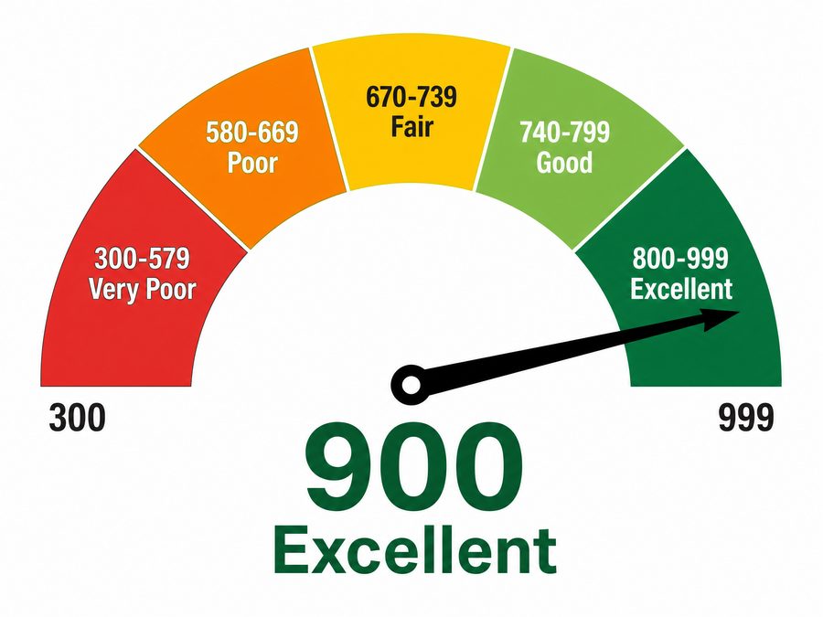 Credit score dial showing 900 Excellent