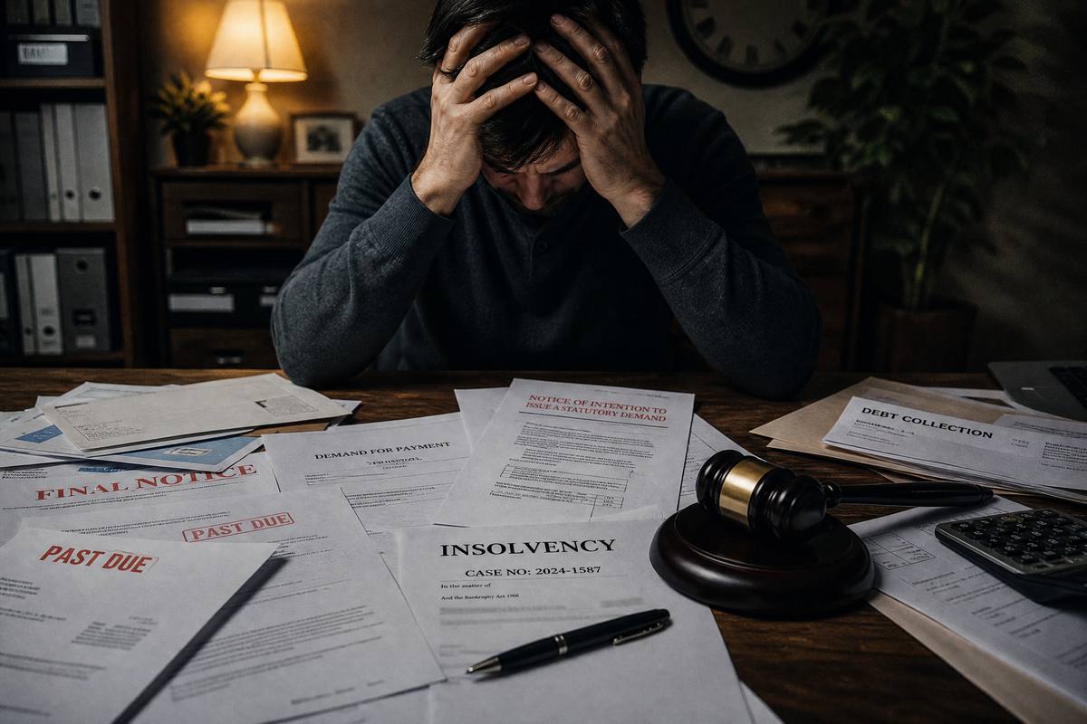 Person overwhelmed by debt letters and insolvency documents at a desk