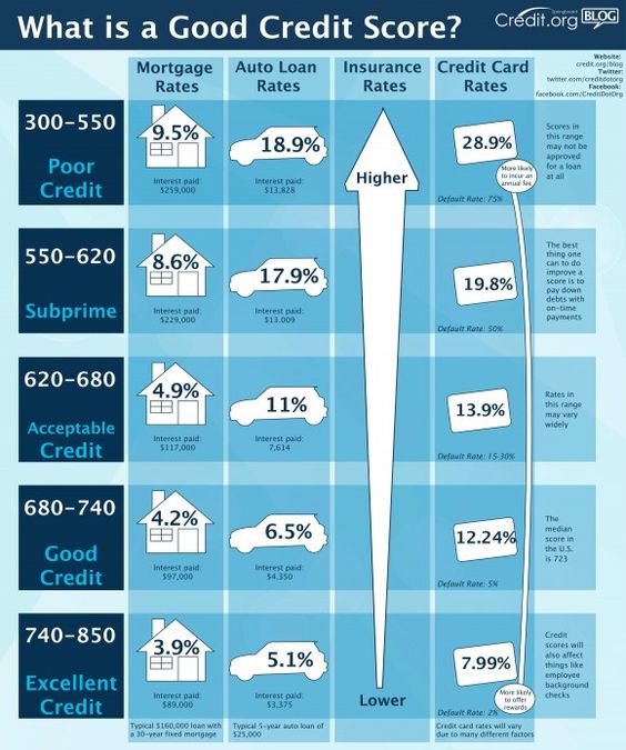 Credit score factors and terminology infographic