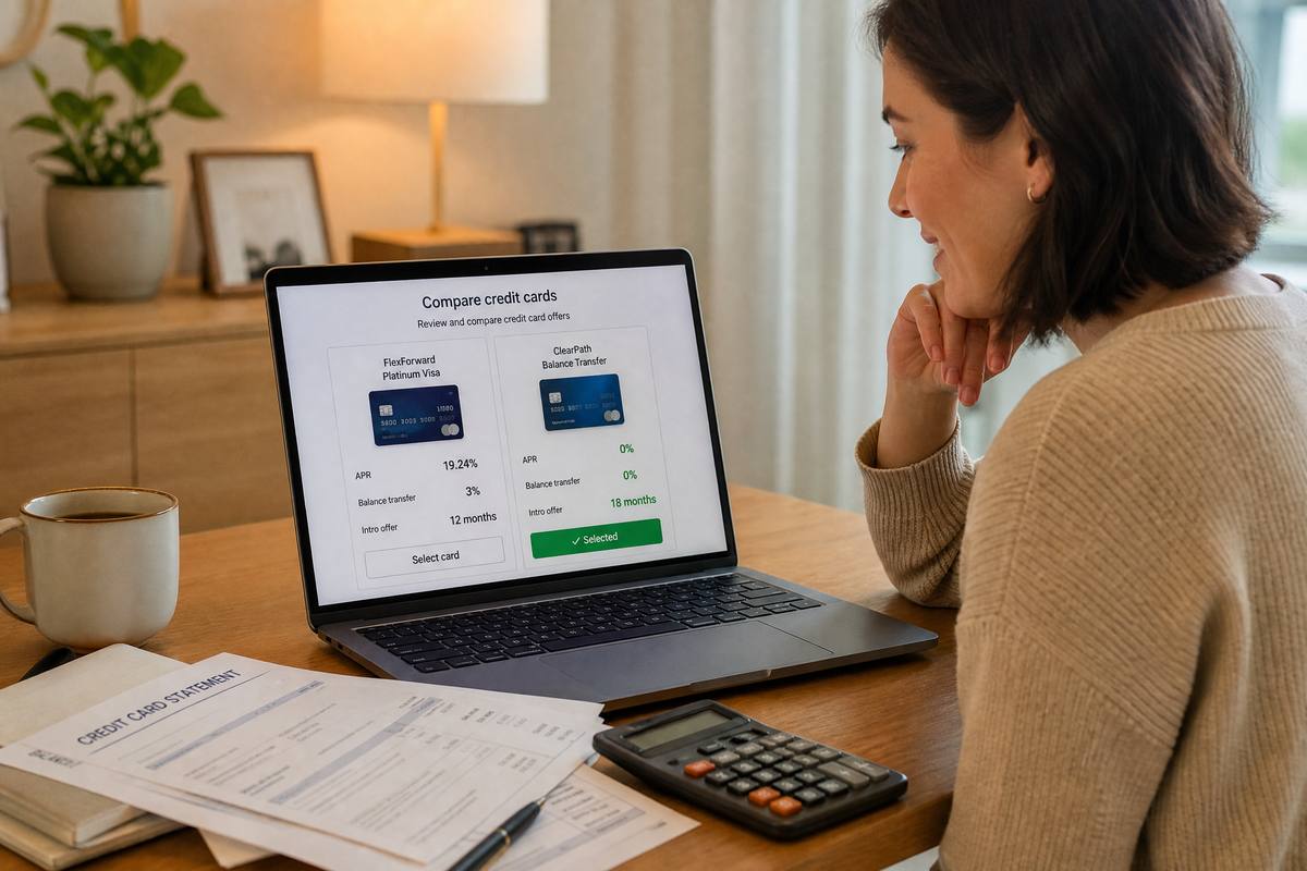 A person comparing balance transfer credit card offers on a laptop