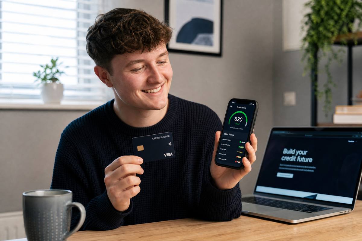 A young person holding a credit builder card and smiling at their phone