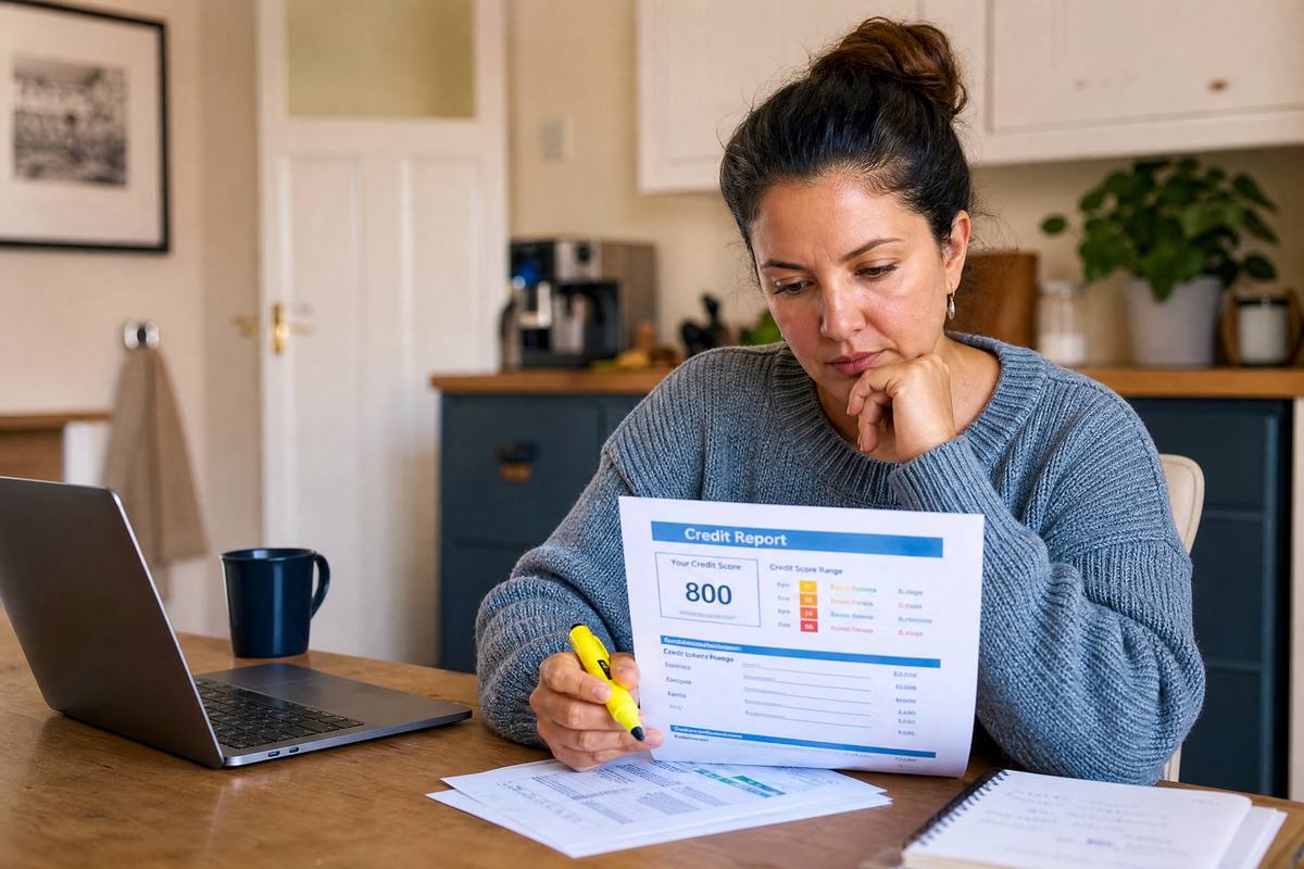 A person carefully reading a printed credit report