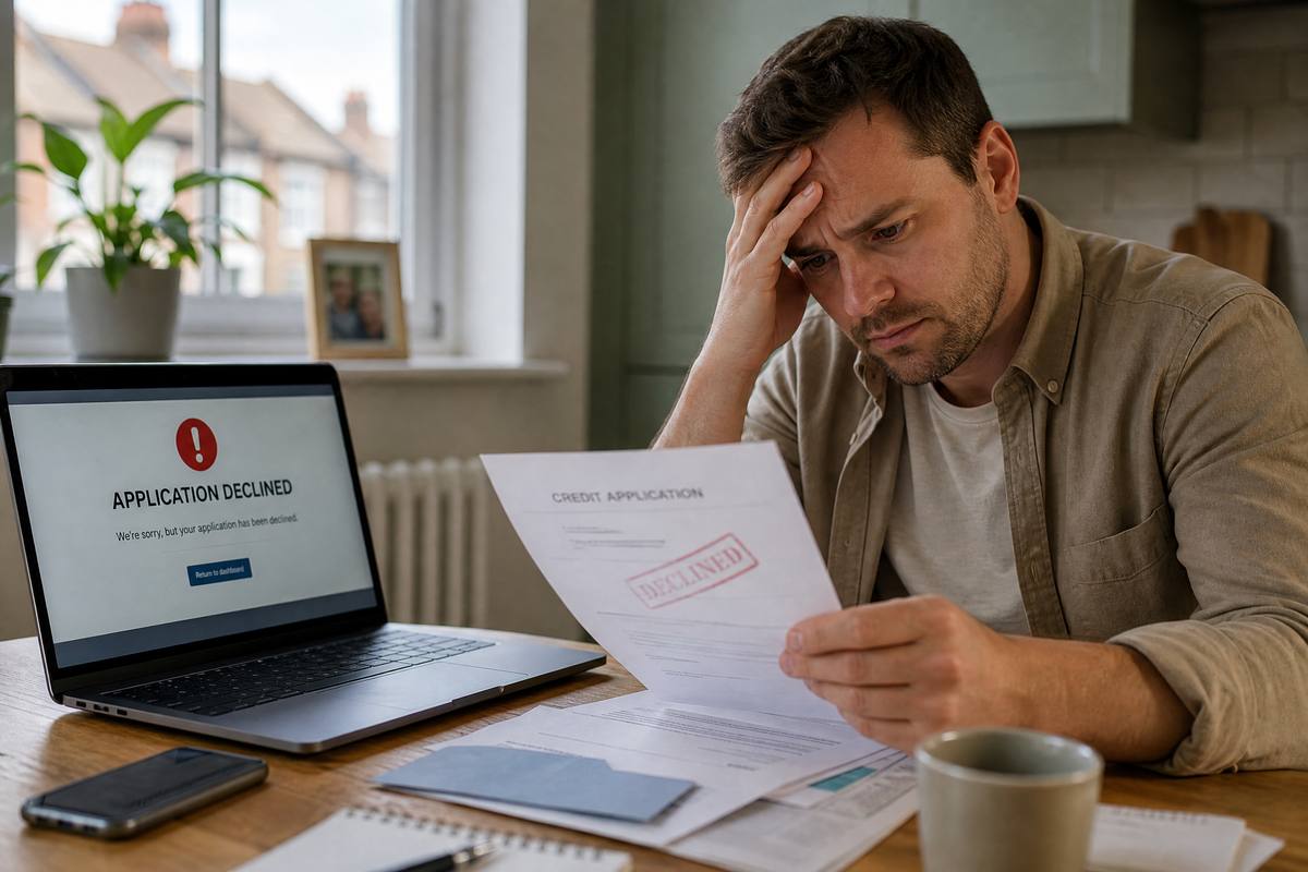 A person looking frustrated after receiving a credit rejection letter