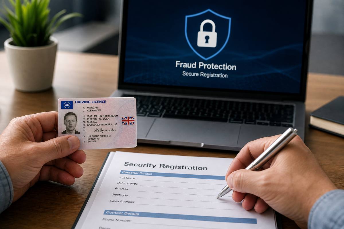 Person filling in a CIFAS security registration form with a fraud protection screen in background
