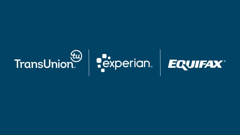 Logos of TransUnion, Experian, and Equifax on a dark blue background