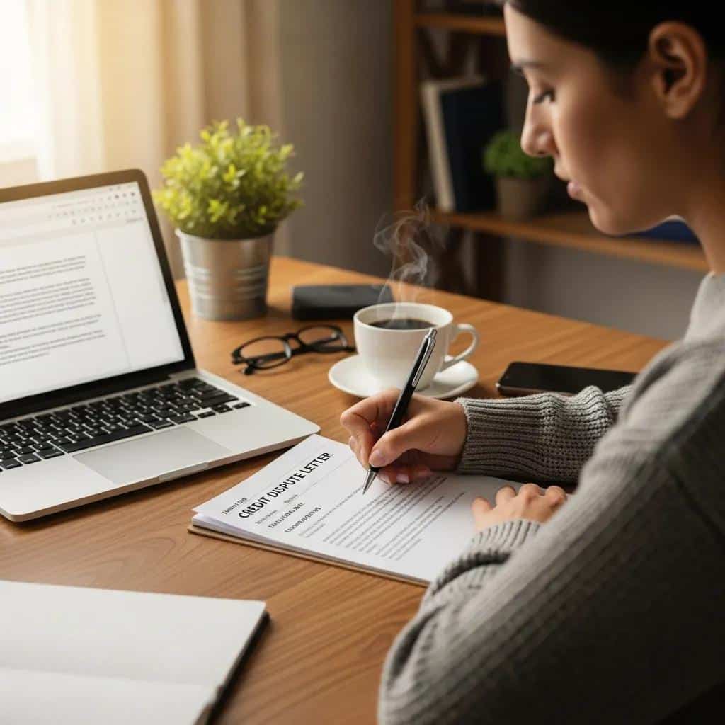 Woman writing a formal dispute letter to a credit reference agency