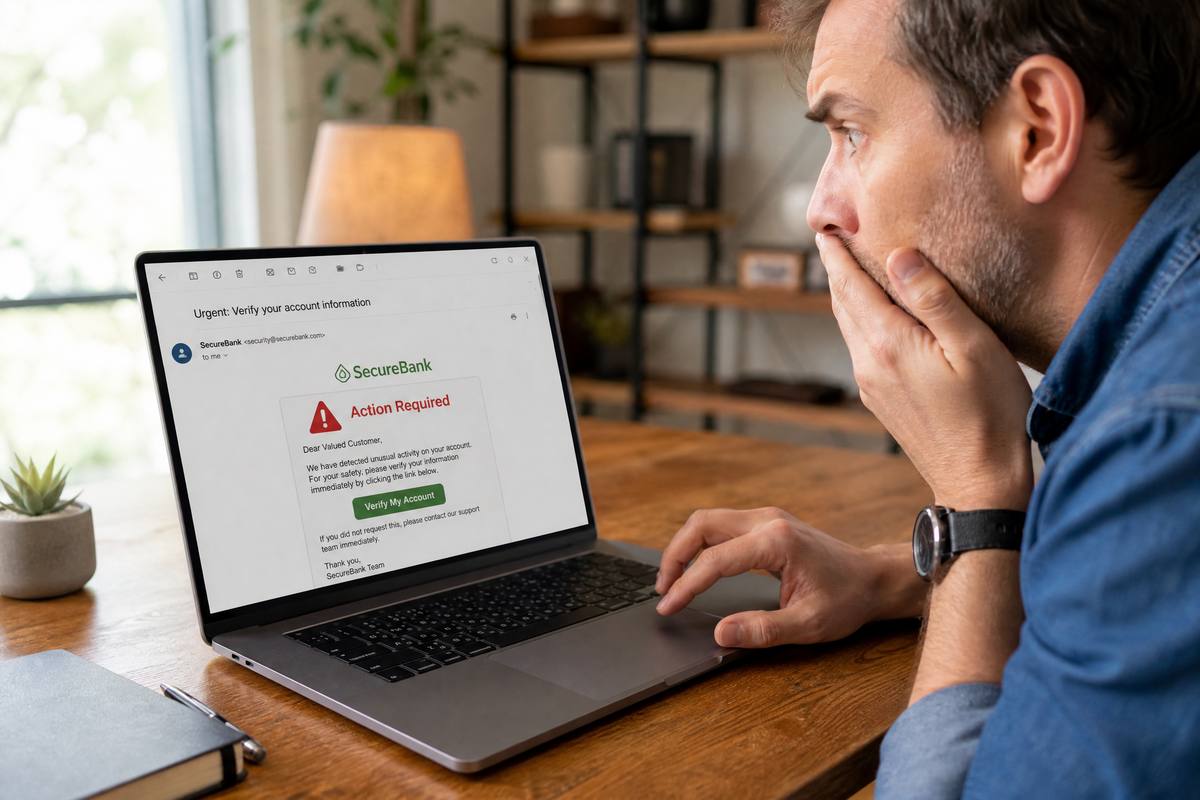 Person at laptop looking alarmed at a suspicious phishing email on screen
