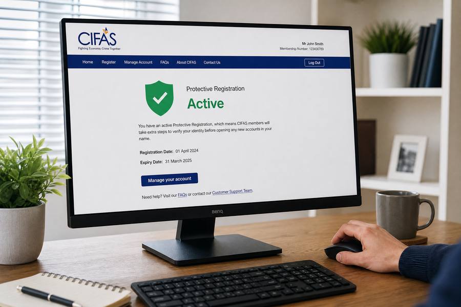 Computer screen showing CIFAS Protective Registration Active confirmation page