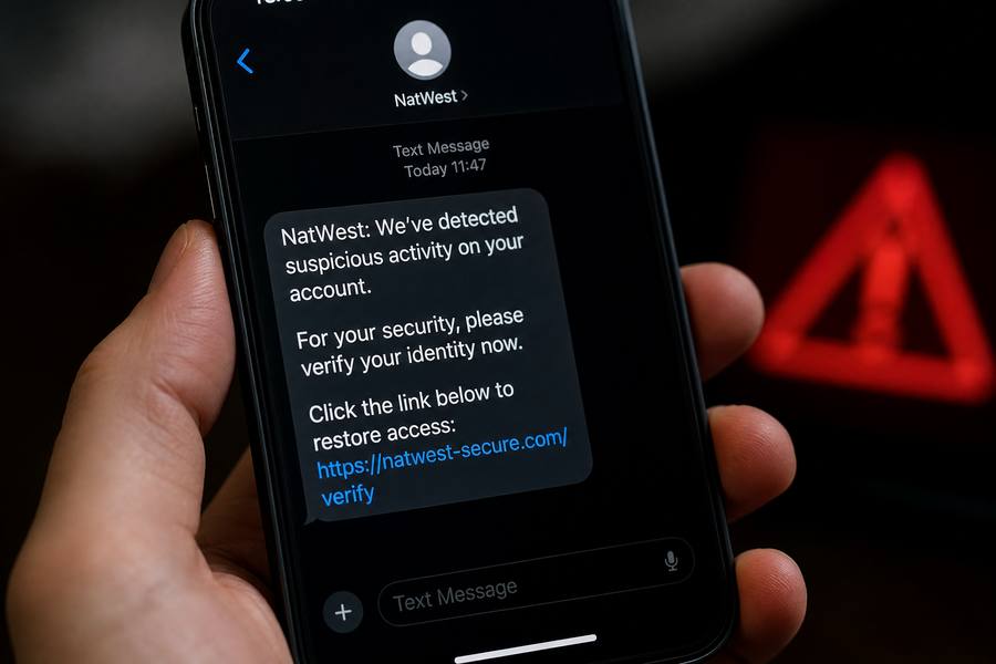 Close-up of a fake phishing text message on a smartphone screen with a red warning triangle